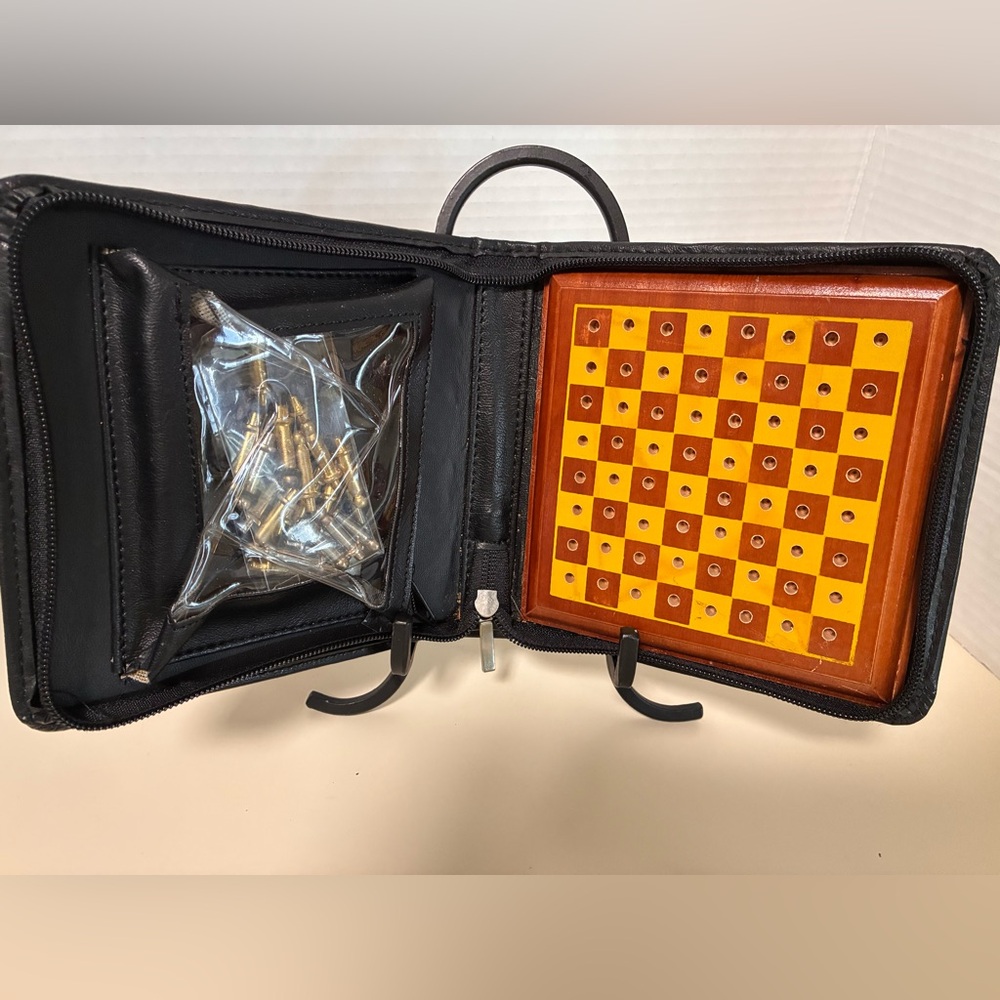 Travel Chess Set with Yellow and Brown Board In Leather Zip Case
